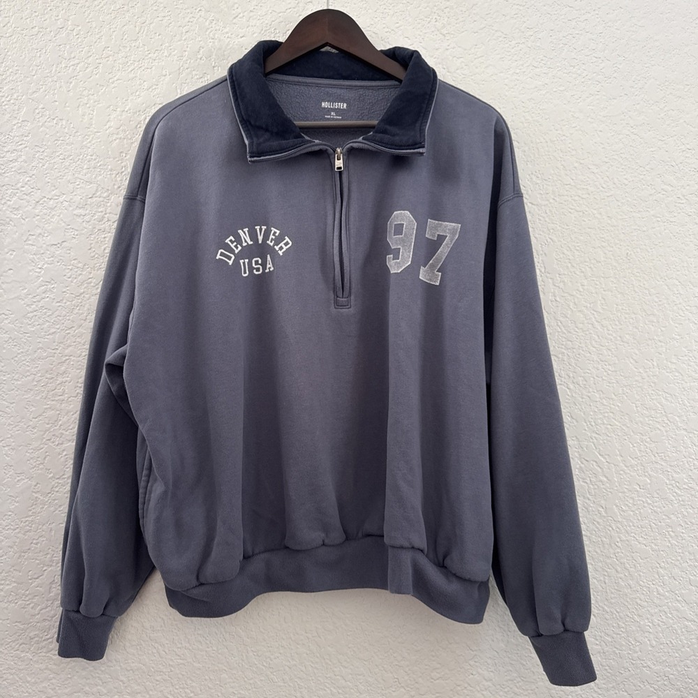 Hollister Denver USA 97 Oversized Half-Zip Sweatshirt Graphic Pullover XL Blue